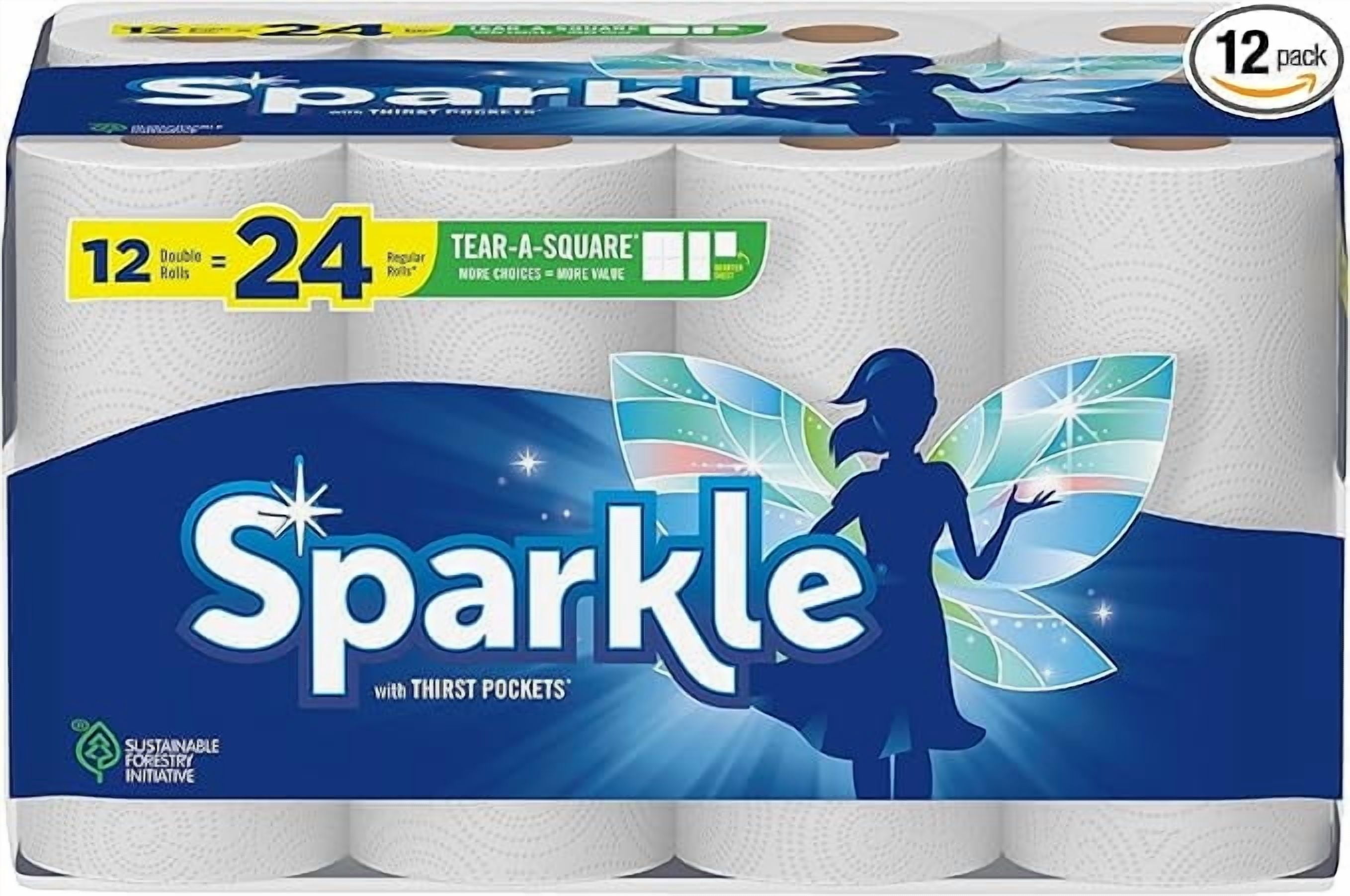 Sparkle Tear-A-Square Paper Towels, 12 Double Rolls = 24 Regular Rolls, Customizable Sheet Size Paper Towel