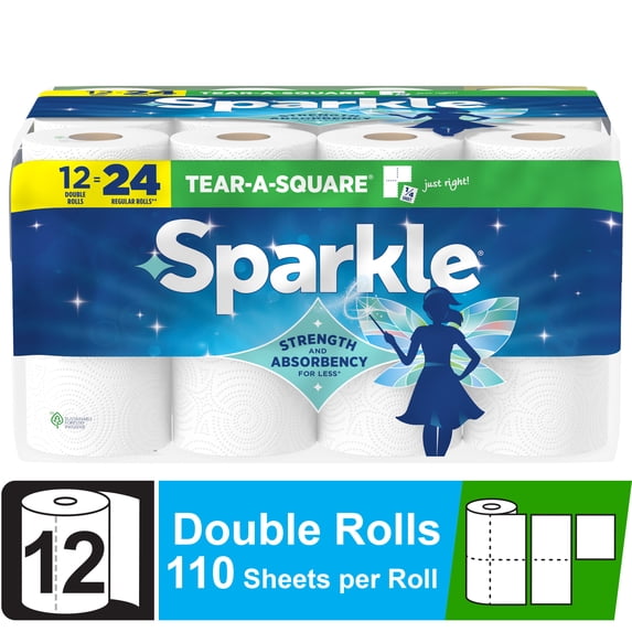 Sparkle Tear-A-Square Paper Towels, 12 Double Rolls, 110 Sheets per Roll