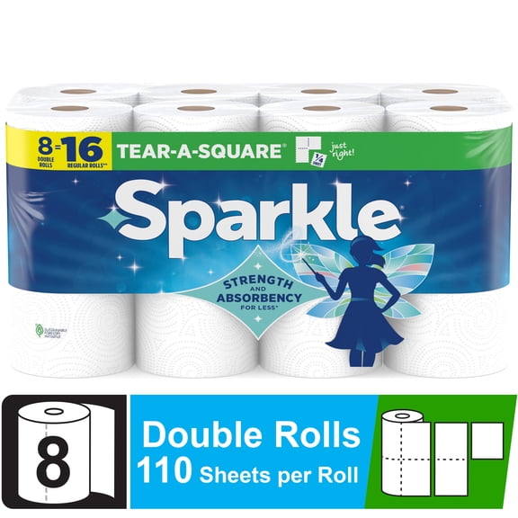 Sparkle Tear-A-Square Paper Towels, 8 Double Rolls, 110 Sheets per Roll