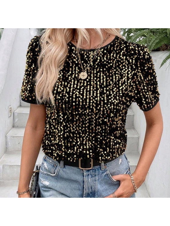 Sparkle Tops for Women Crewneck Short Sleeve Sequin Top Glitter Shirts for Women Color GD1 Size L