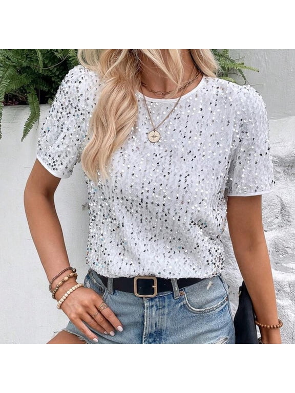 Sparkle Tops for Women Crewneck Short Sleeve Sequin Top Glitter Shirts for Women Color White Size L