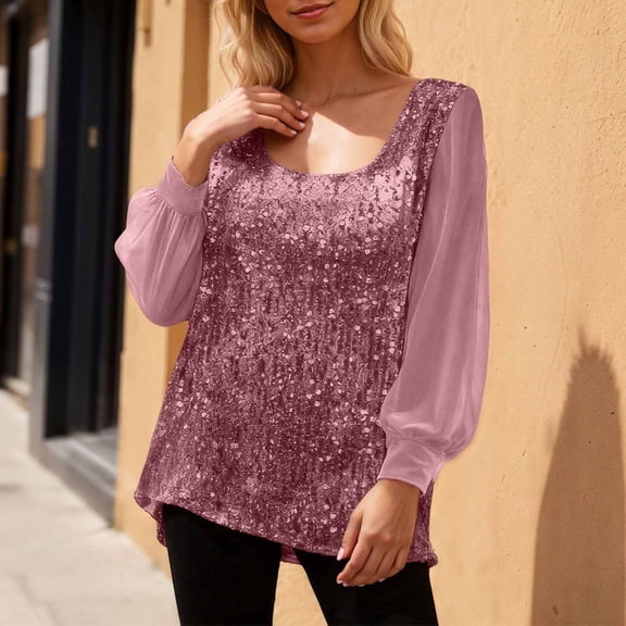 Sparkle Tops for Women Sheer Long Sleeve Glitter Tops Women Sequin Blouse (Pink XXL)