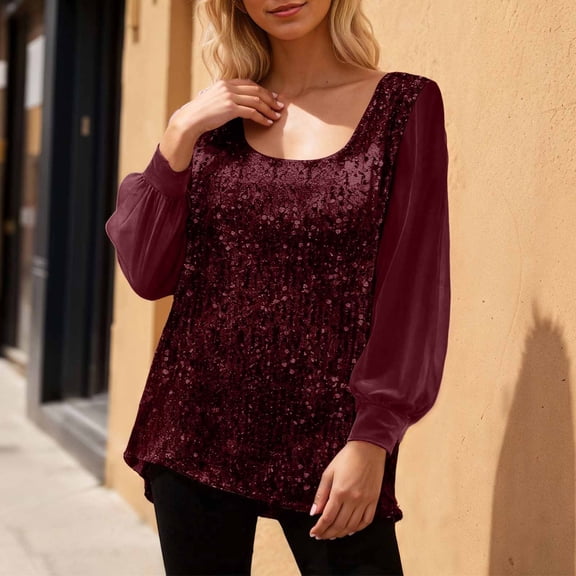 Sparkle Tops for Women Sheer Long Sleeve Glitter Tops Women Sequin Blouse (Red M)