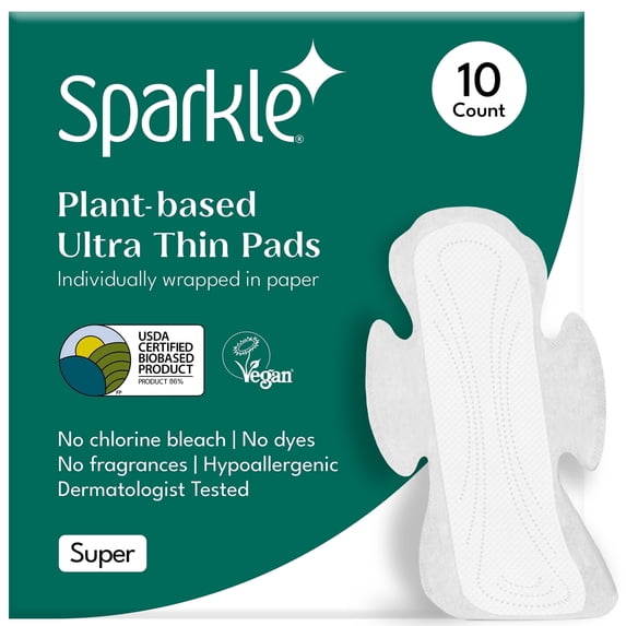 Sparkle Pads for Women, Plant-Based Ultra Thin Pads for Sensitive Skin, Feminine Care, Organic Sanitary Napkins, Super Soft & Leak-Proof - with Wings, Medium Absorbency, Unscented (Super, 10 Count)