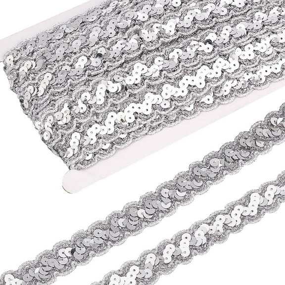 Sparkle Wave Pattern Metallic Polyester Lace Ribbon with Paillette Clothing Accessories Silver 3/4 inch(19mm) about 14.22 Yards(13m)/pc