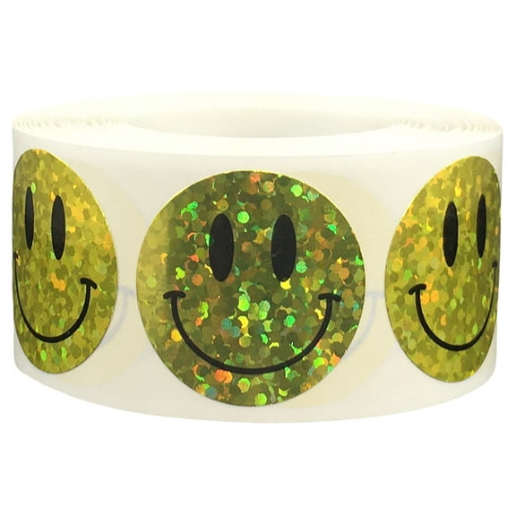 Sparkle Yellow Happy Face Circle Stickers | 1" Inch Round | 500 Pack