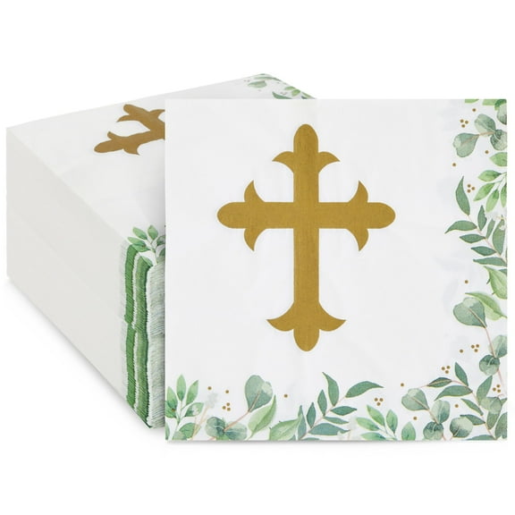Sparkle and Bash Baptism Napkins Cross Design for Christening Decorations - 100 Pack, 2-Ply, 6.5 x 6.5 In
