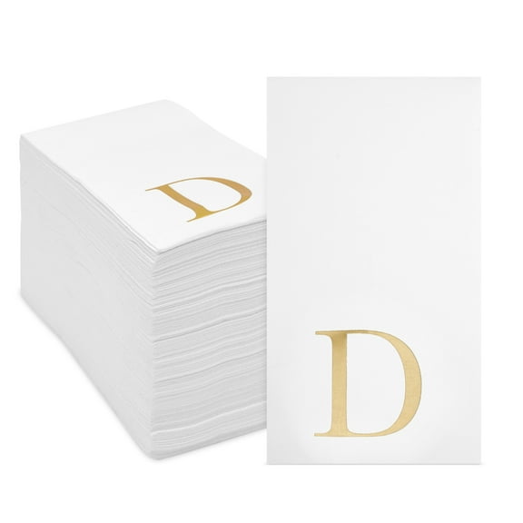 Sparkle and Bash Gold Foil Letter D Napkins - 4 x 8 in, White, 100 Pack, 3-Ply - Custom Disposable Bulk Wedding & Reception Paper Napkins - Personalized Guest & Bridal Shower Tableware