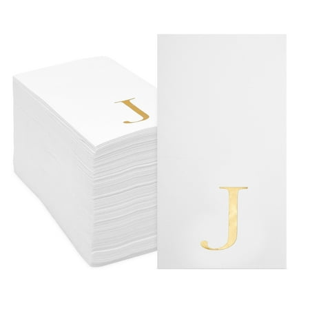 Sparkle and Bash J Monogram Paper Napkins - 100 Pack, 3-Ply, 4 x 8 In, White & Gold - Personalized Napkins for Wedding Reception & Cocktail Party Table Decoration
