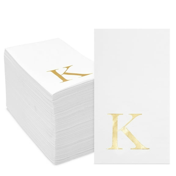 Sparkle and Bash 3-Ply Letter K Cocktail Napkins - Gold Initial Napkins & Personalized Style for Wedding Reception & Party Foil Table Decoration - 100 Count, 4 x 8 in, White/Gold