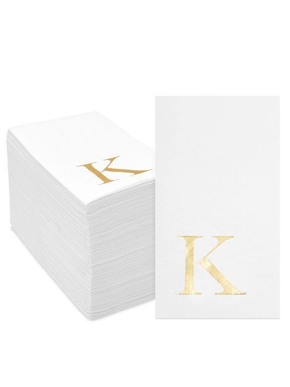 3-Ply Letter K Cocktail Napkins - Gold Initial Napkins & Personalized Style for Wedding Reception & Party Foil Table Decoration - 100 Count, 4 x 8 in, White/Gold