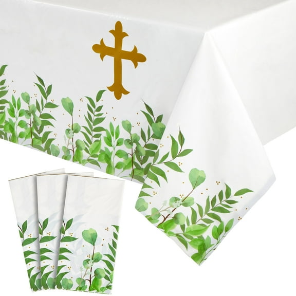 Sparkle and Bash Baptism Tablecloths - 3-Pack, 54 x 108 in, Gold Plastic - Disposable Religious Table Decor for Baptism, First Communion & Confirmation