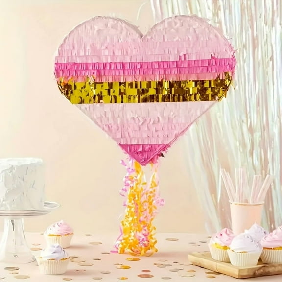 Sparkle and Bash Pull String Pinata - 16 x 13 x 3 In, Pink & Gold Ombre - Heart Shaped Pinata for Girls' Birthday Party Supply & Decoration