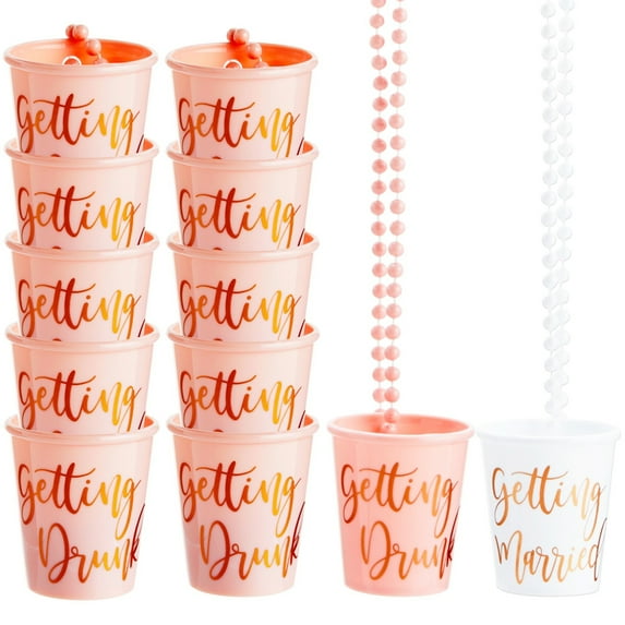 Sparkle and Bash Set of 12 Beaded Bachelorette Shot Glass Necklaces for Bridal Shower, White Bride Cup and Pink Bridesmaids Glasses, Gold Foil Design