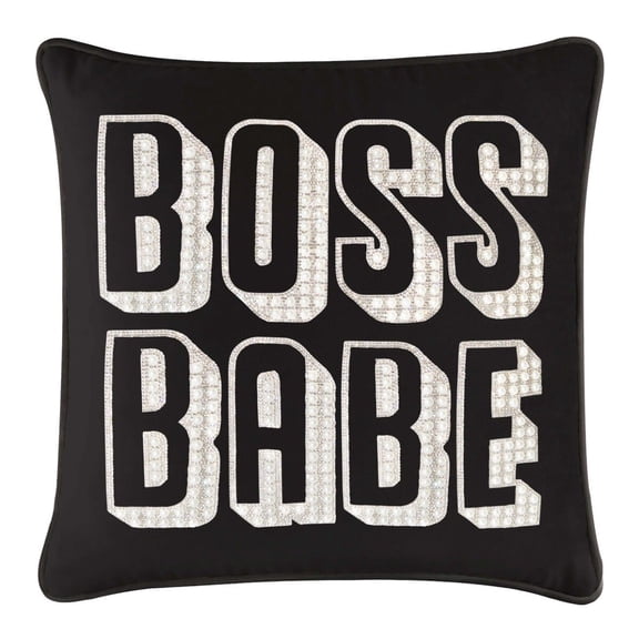 Sparkles Home Boss Babe Pillow, Pearls and Rhinestones on Velvet, Feather Insert Black