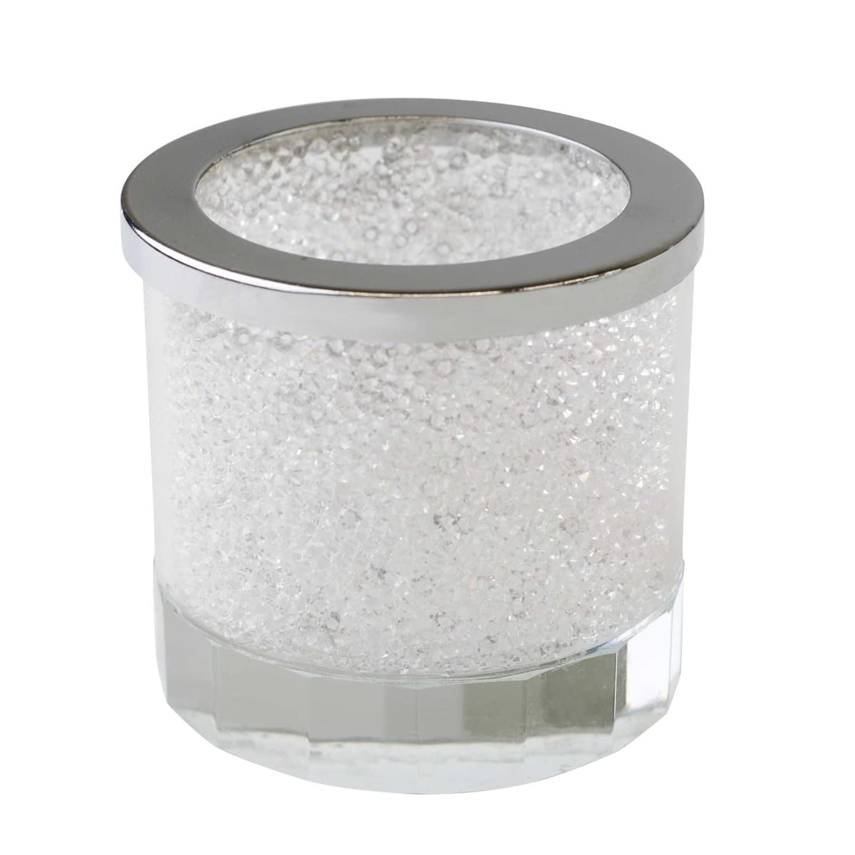Crystal-Filled Glass Tealight Candleholder with Silver Rim