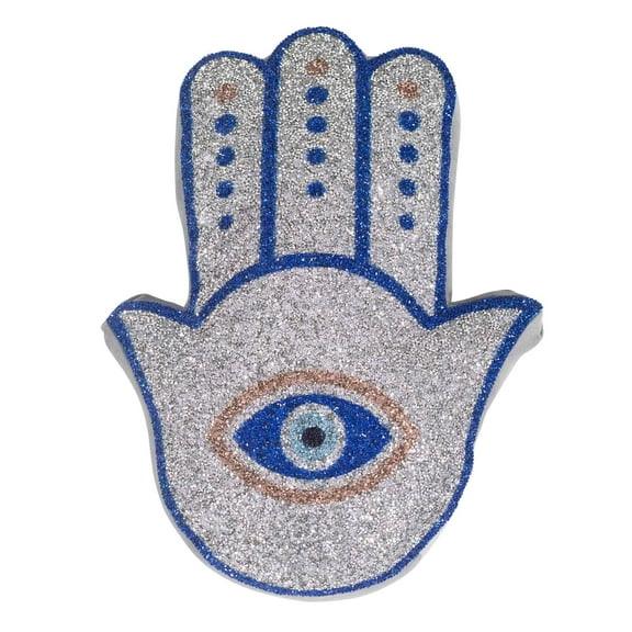 Sparkles Home Hamsa Shaped Pillow, Luminous Rhinestones on Silver Velvet Blue