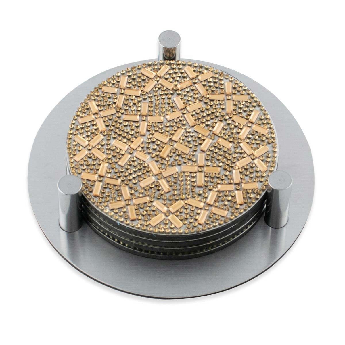 Gold Rhinestone Stainless Steel Coaster Set with Holder