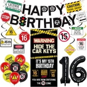 Sparkles Hub 16th Birthday Decorations for Boys Girls, Sweet 16 Driving Theme Party Decor, Hide The Car Keys Backdrop, Caution Banner, 40 Inch Number 16 Balloons