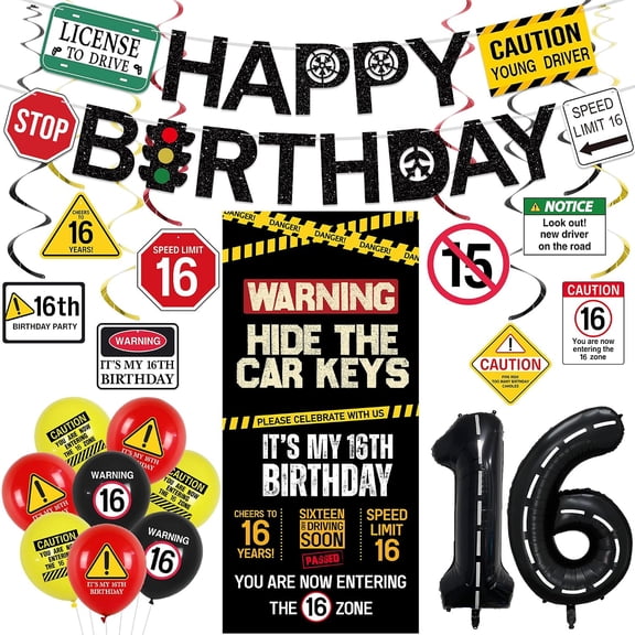 Sparkles Hub 16th Birthday Decorations for Boys Girls, Sweet 16 Driving Theme Party Decor, Hide The Car Keys Backdrop, Caution Banner, 40 Inch Number 16 Balloons