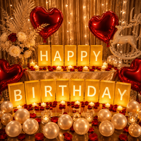 Sparkles Hub HAPPY BIRTHDAY Light Up Letter Luminary Decoration Kit with 30 LED Tea Lights, 2000 Rose Petals and 30 Balloons for Romantic Birthday Surprise