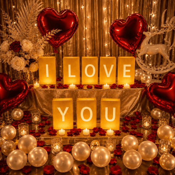 Sparkles Hub I LOVE YOU Light Up Proposal Decoration Kit with LED Tea Lights, 2000 Rose Petals and 30 Balloons for Anniversary, Valentines Day and Romantic Surprise