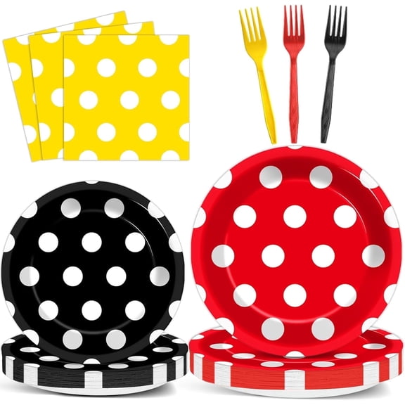 Sparkles Hub Mickey Mouse Color Paper Plates and Napkins Mouse Party Decorations Red Black Yellow Polka Dot Tableware Set Cartoon Dessert Disposable Dinnerware for Boys Girls 24 Guests Party Supplies