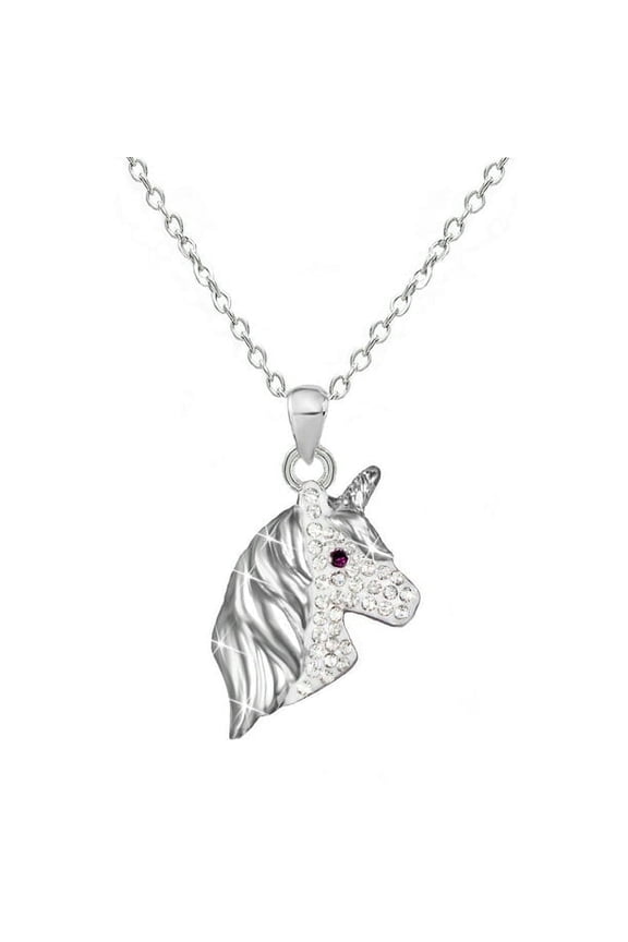 Sparkles Silver Unicorn Horse Necklace for Women Cubic Zirconia Crystal Pendant Jewelry, 18 inch