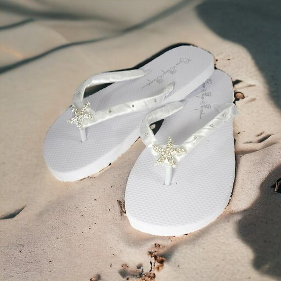 Sparklez Apparel Women's Shoes Rhinestone Flip-Flops, Flat Heel Open Toe White