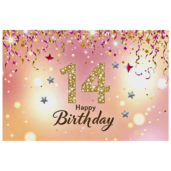 Sparkling 14th Birthday Backdrop Banner with Glittery Stars and Swirls Happy Birthday Party Decorations Photography Props Party Supplies Background