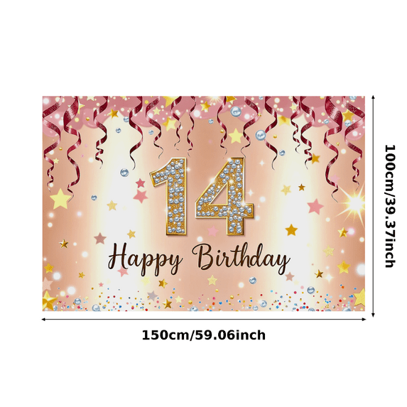 Sparkling 14th Birthday Backdrop Banner with Glittery Stars and Swirls Happy Birthday Party Decorations Photography Props Party Supplies Background