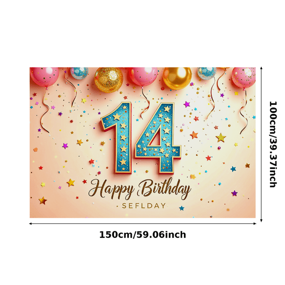 Sparkling 14th Birthday Backdrop Banner with Glittery Stars and Swirls Happy Birthday Party Decorations Photography Props Party Supplies Background
