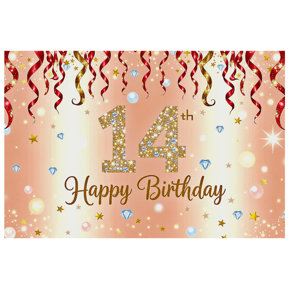 Sparkling 14th Birthday Backdrop Banner with Glittery Stars and Swirls Happy Birthday Party Decorations Photography Props Party Supplies Background