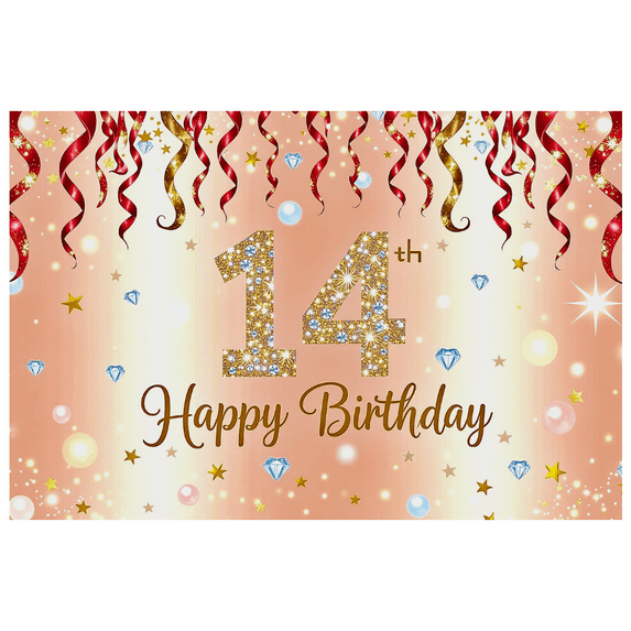 Sparkling 14th Birthday Backdrop Banner with Glittery Stars and Swirls Happy Birthday Party Decorations Photography Props Party Supplies Background
