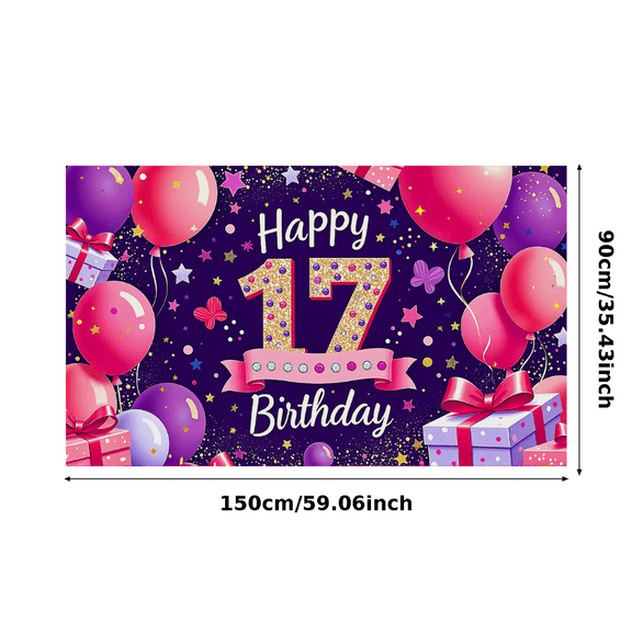 Sparkling 17th Birthday Banner with Balloons Confetti and Gift Background Backdrop Party Decoration for Photography Props Birthday Party Decorations Celebration Event Photo Booth Decor