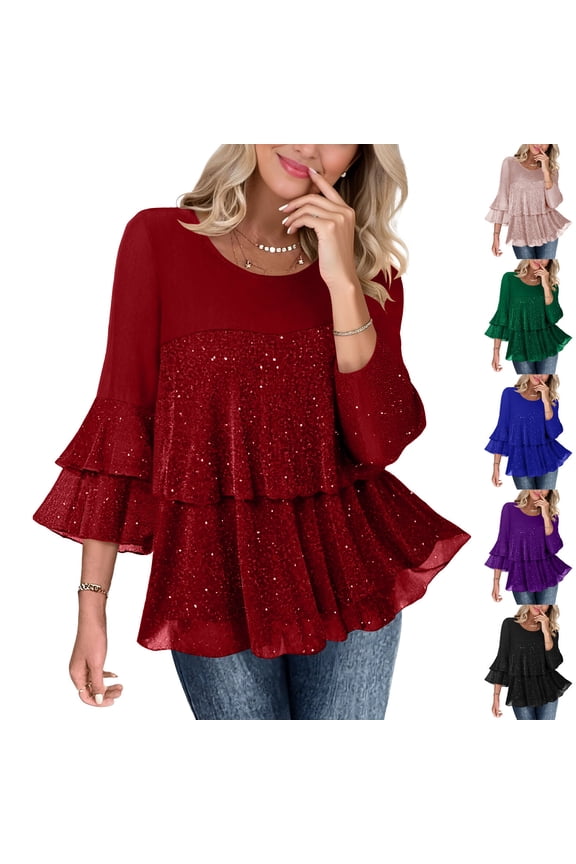 Sparkling 3/4 Sleeve Ruffle Blouse Top Elegant Dressy Evening Flowy Shirt for Women Party Cocktail Wedding Guest Holiday Gift | CSEONE,Purple L