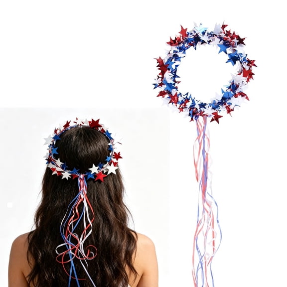 Sparkling Americana Star Crown, With Flowing Ribbons, Patriotic Hair Accessory For Parades, Festivals(RL A)