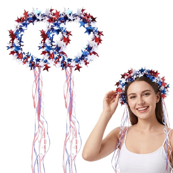 Sparkling Americana Star Crown with Flowing Ribbons,4th of July Independence Day Hair Crown,Red White Blue