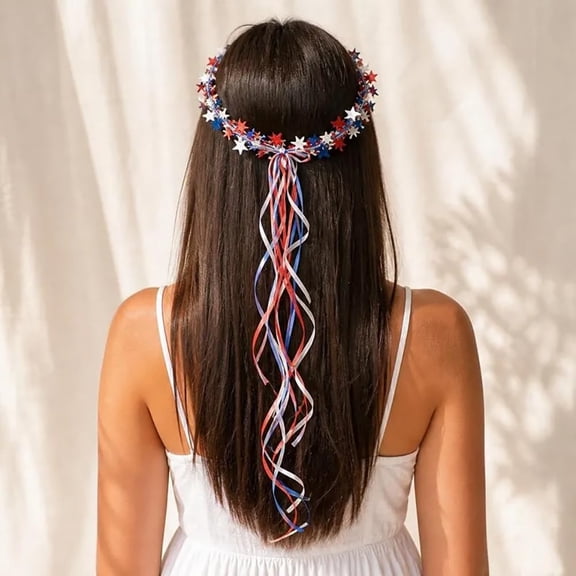 Sparkling Americana Star Crown with Flowing Ribbons, Patriotic Hair Accessory for 4th of July, Memorial Day, Labor Day