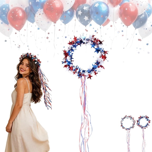 Sparkling Americana Star Crown with Flowing Ribbons,Red White & Blue Patriotic Hair Accessory for Women