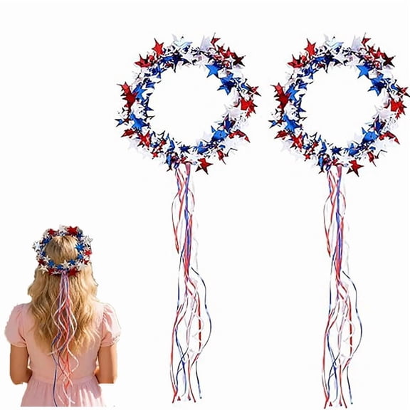 Sparkling Americana Star Crown with Flowing Ribbons, Red White Blue Patriotic Headband, Hair Accessory (Big-2pcs)
