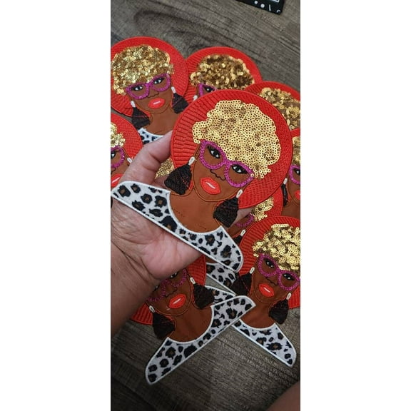 Sparkling Black Girl Power: "Lady in Fur Leopard Top & Gold Hair" Sequins and Satin Embroidered Patch, Size 6" Patch, 1-pc Iron-on Applique