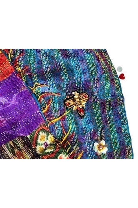 Sparkling Boho Vintage Reversible Patchwork Kantha Silk Scarf With Bee Crystal Patches, Sequins and Rhinestones