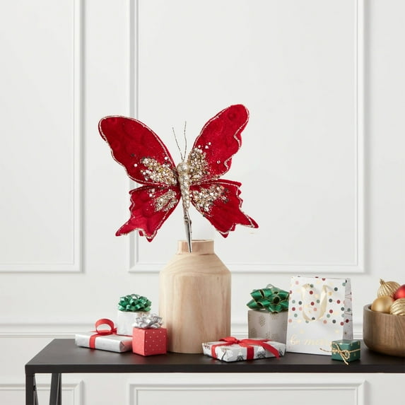 Sparkling Butterfly Christmas Tree Clip-on Decor, Red Fabric with Shiny Finish, Festive Holiday Party Decoration,Vsgery