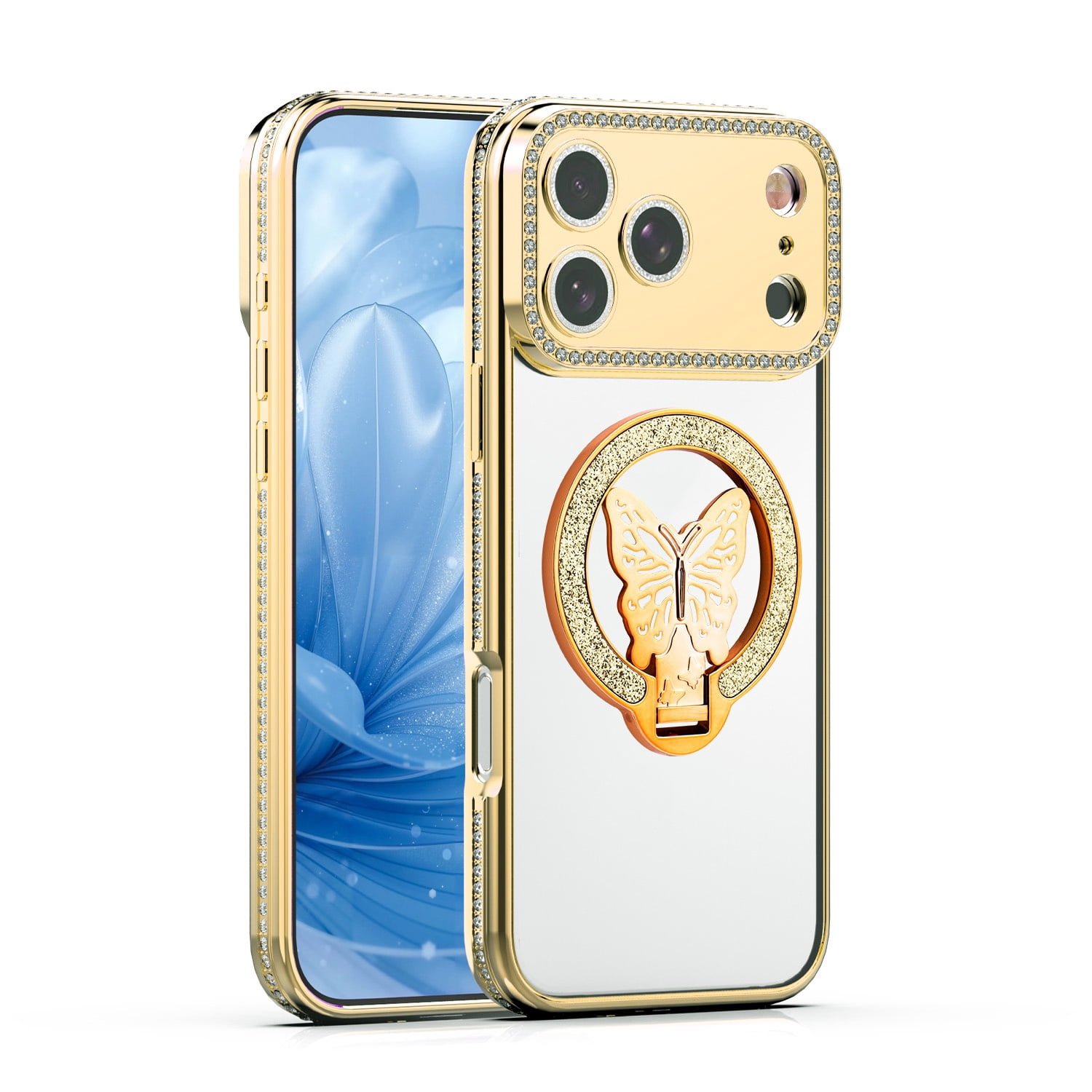 Sparkling Butterfly Stand Case for iPhone 17 Pro Max - Gold