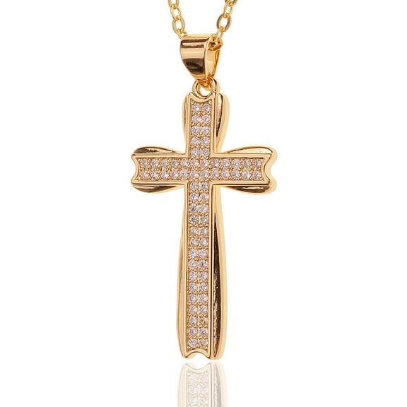 Sparkling CZ Rhinestone Cross 14K Yellow Gold Pendant Necklace for Women Waterproof Fashion Jewelry
