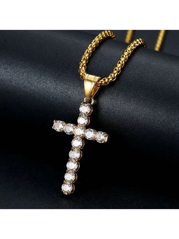 Sparkling CZ Zircon Cross Pendant Necklace, 14K Gold Filled Craft, Elegant Fashion Statement Piece, Timeless Jewelry for Wedding Occasion & Christmas Gifting