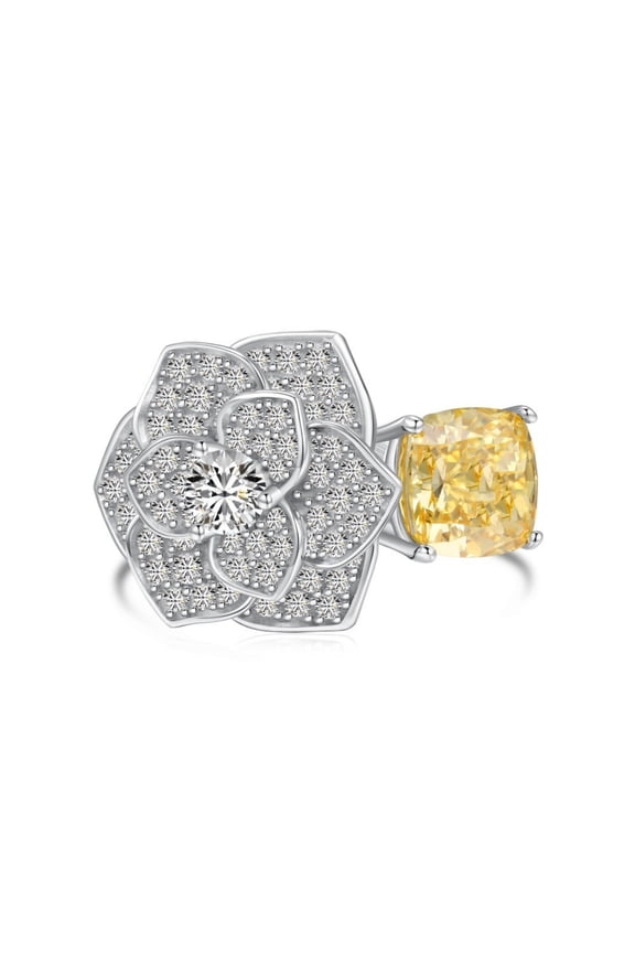 Sparkling Camellia Flower Cluster Open Ring for Women 925 Sterling Silver 2.5 Carat 5A CZ Simulated Yellow Diamond Ring Statement Cocktail Rings Size 6-9