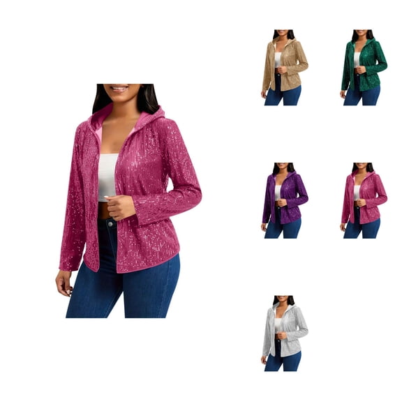 Sparkling Carnival Hooded Coat – Women's Plus Size Sequin Jacket with Detachable Trim, Lightweight Open Front Long Sleeve Sparkly Cardigan Outerwear
