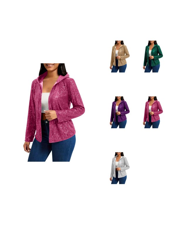 Carnival Hooded Coat â Women's Plus Size Sequin Jacket with Detachable , Lightweight Open Front Long Sleeve Sparkly Cardigan Outerwear